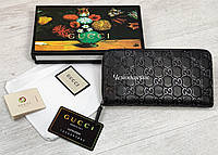 Женский кожаный брендовый кошелек Gucci Гуччи на молнии черный, кошельки кожа, кошельки с принтом