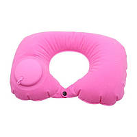 Дорожная надувная подушка подголовник на шею со встроенной помпой TRAVEL NECK PILLOW Розовая