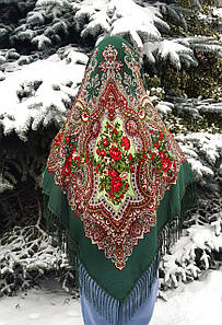 Хустка велика українська народна з квітами з тороками Ганна зелена