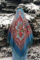 Платок украинский большой с цветами с бахромой Ганна бирюза