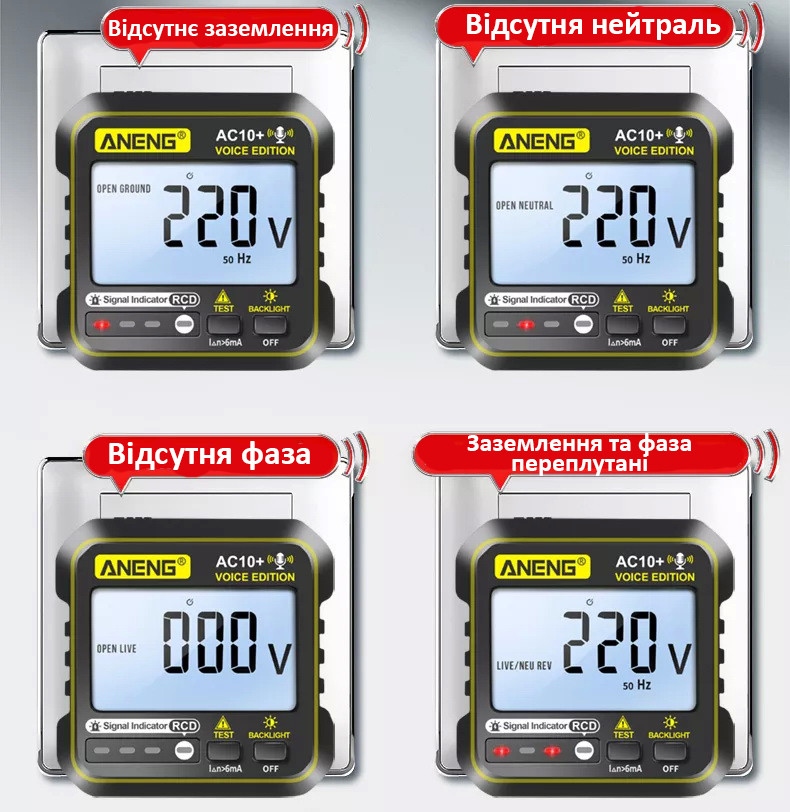 Професійний тестер розеток ANENG AC10+ з функцією перевірки УЗП (ID ...
