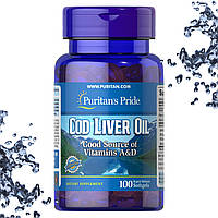 Масло печени трески + А и Д Puritan's Pride Cod Liver Oil Vitamins A&D 100 гелевых капсул