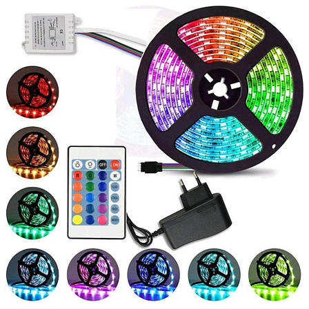 Світлодіодна стрічка LED 3528 RGB на 5м з пультом та блоком живлення, різнокольорова, фото 1
