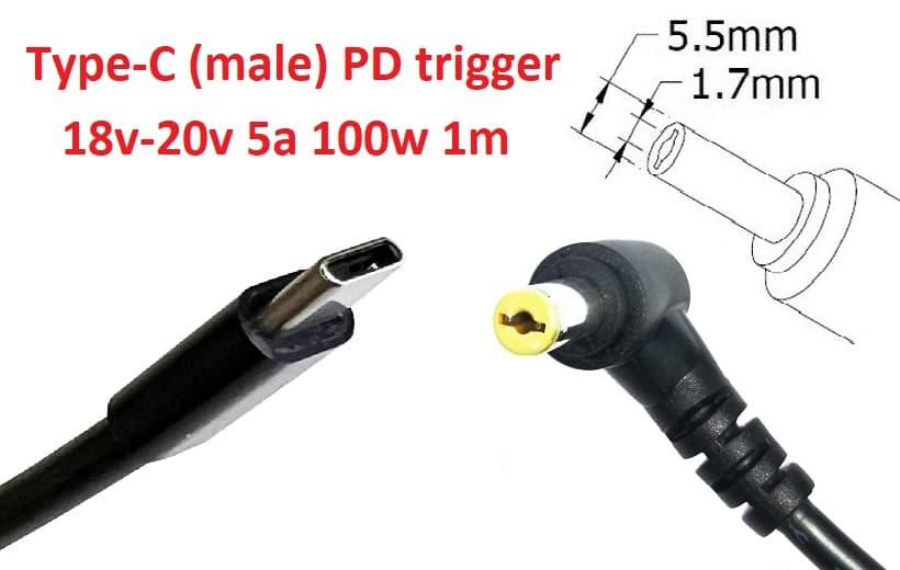 Кабель-перехідник тригер PD 18-20v Type-C (max 5a, 100w) на 5.5x1.7mm 1m з USB Type-C (male) Power Delivery PD тригер (A class) 1