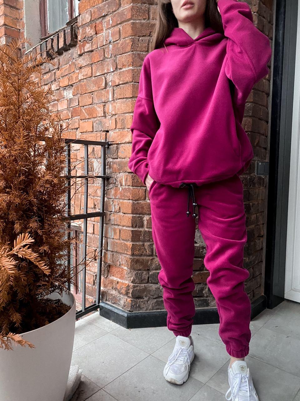 Костюм спортивний жіночий зимовий рожевий флісовий з капюшоном оверсайз Oversized Pink Suit