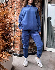 Костюм спортивний жіночий зимовий синій флісовий з капюшоном оверсайз Oversized Blue Suit
