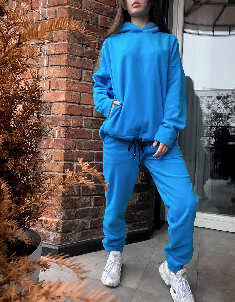 Костюм спортивний жіночий зимовий синій флісовий з капюшоном оверсайз Oversized Blue Suit