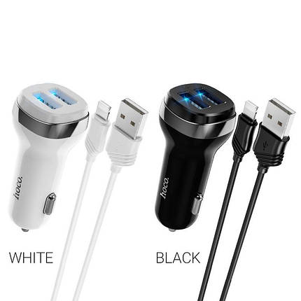 Автомобільна зарядка HOCO Z40 Superior на 2 USB (2.4 A) + Lightning (2 кольори), фото 1
