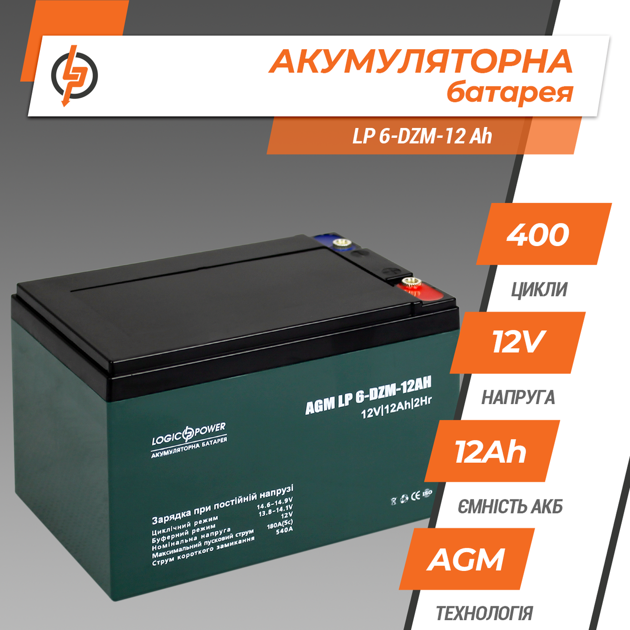 Аккумулятор тяговий AGM LogicPower LP 12V-12Ah ( 6-DZM-12)