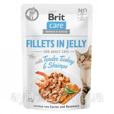 Вологий корм для кішок Brit Care Cat pouch 85 г (індичка з креветками в желе) (8595602540570)