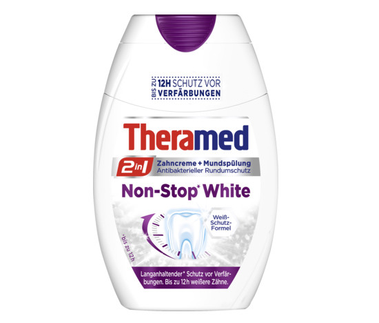 Захисна вибілювальна зубна паста з ополіскувачем Theramed 2-in-1 Non-Stop White 75ml, фото 1