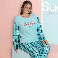 Женская теплая мягенькая пижама батал (флис+махра) Размер - XL (50) голубая в клетку стильная молодежная