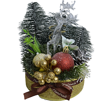 Подсвечник новогодний композиция олень с шариками и елью золотой D13см