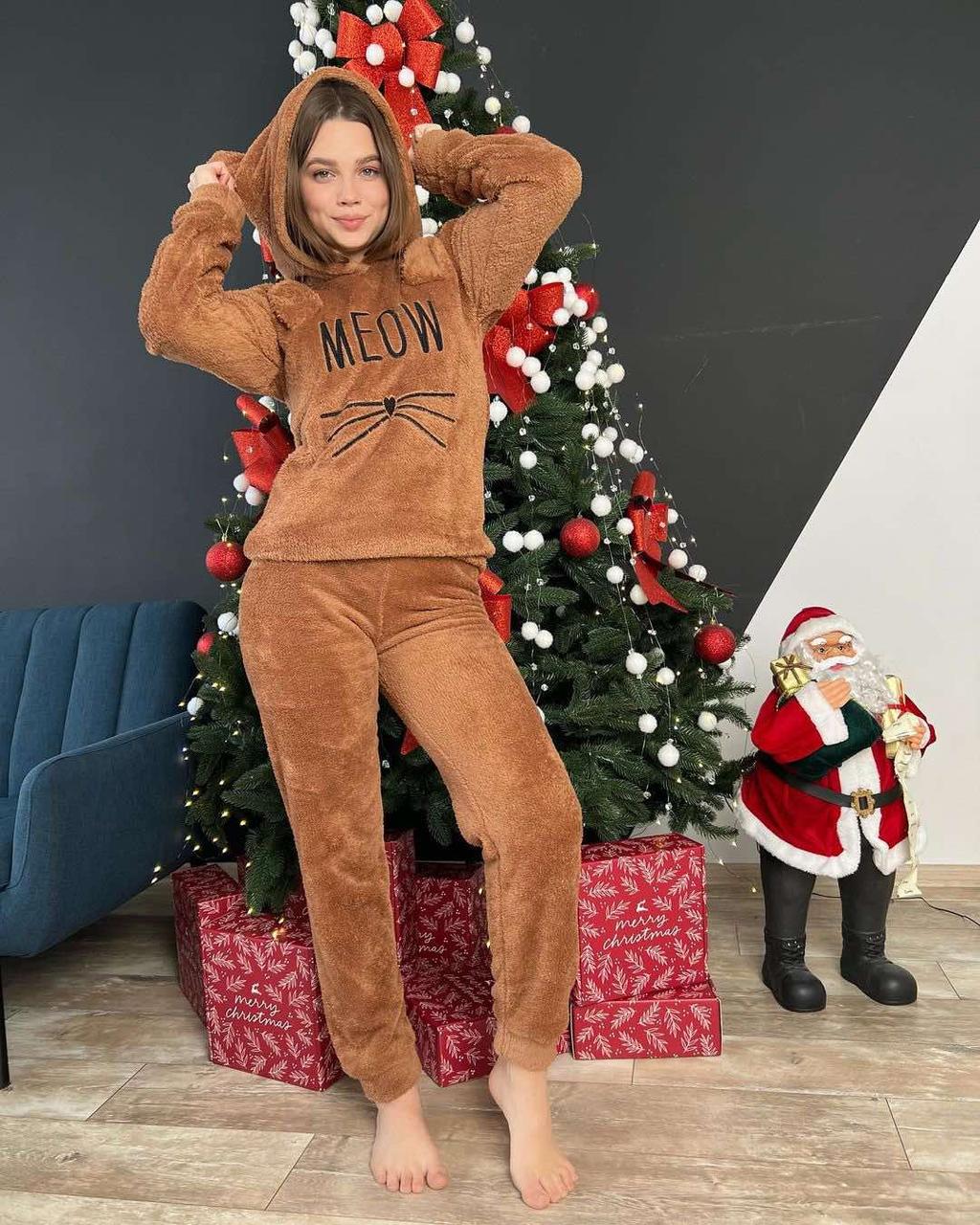 Піжама жіноча тепла махрова з вушками (кофта та штани) м'яу коричневий