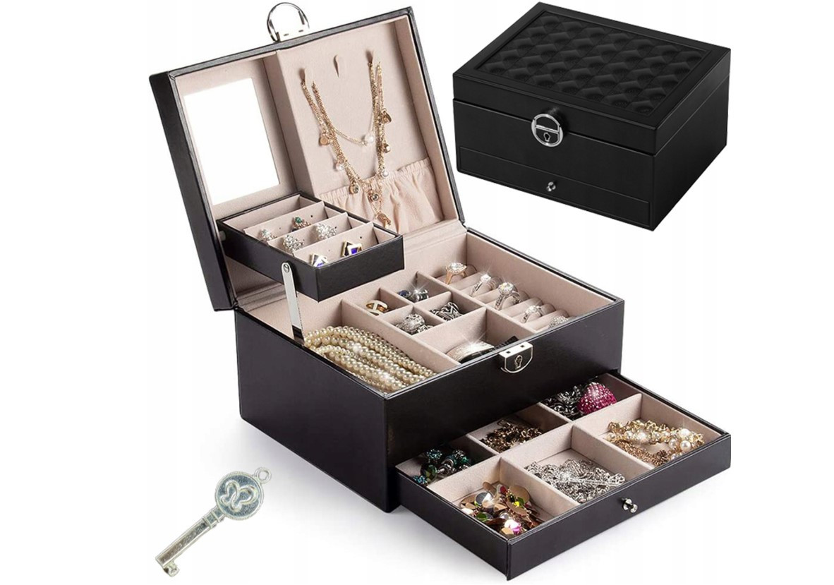 Чорний органайзер із дзеркалом для зберігання ювелірних виробів на замку, фото 1