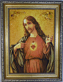 Ікона в бурштині Ісус Христос і-16 "Господь Вседержитель"  розмір 30*40 см