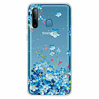 Силиконовый (TPU) чехол Deexe Pretty Glossy для Samsung Galaxy A21 (A215) - Blue Flowers