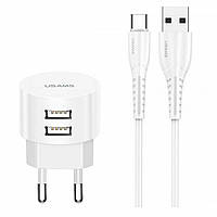 Сетевое зарядное устройство USAMS T20 Round Travel (2USB, 2.1A) + кабель Type-C - White