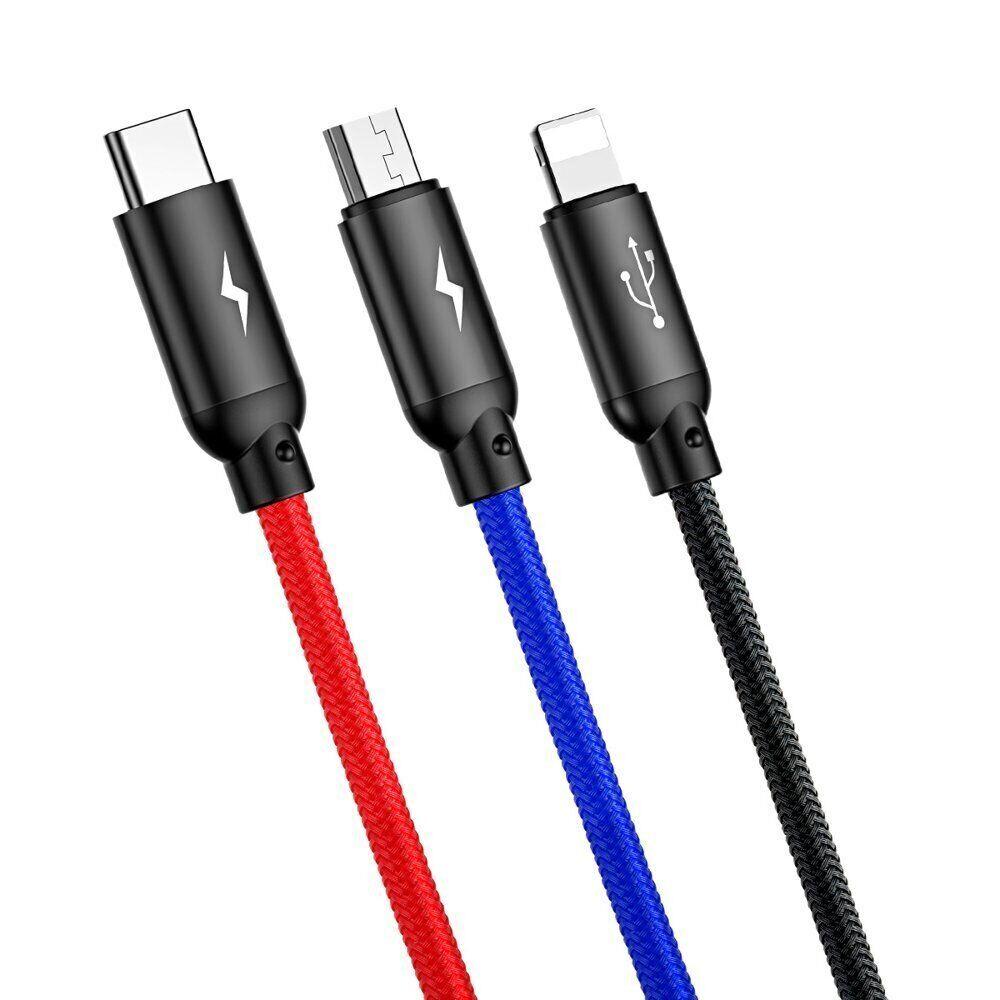 Кабель Baseus Three Primary Colors 3-in-1 USB to Lightning + Micro + Type-C (3.5A, 30cm) CAMLT-ASY01 - Black - фото 2 - id-p1727909229