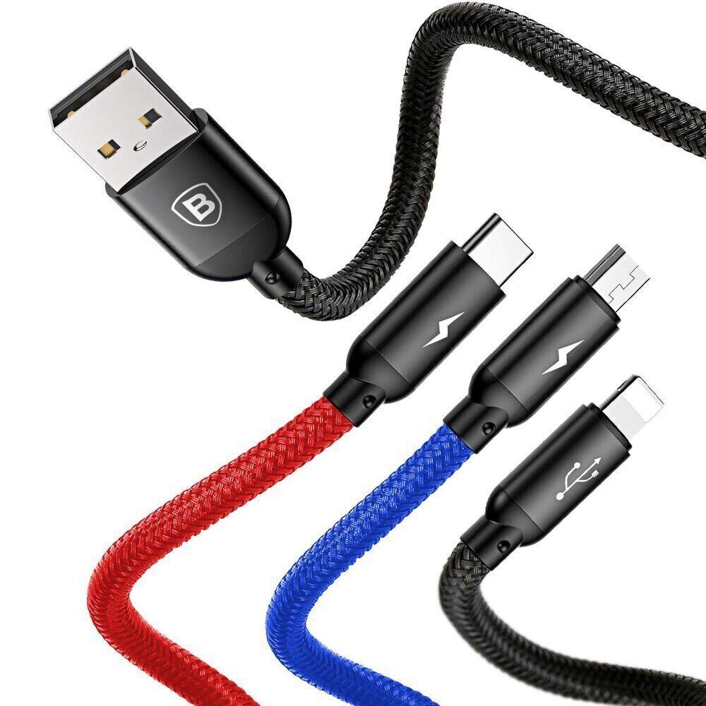 Кабель Baseus Three Primary Colors 3-in-1 USB to Lightning + Micro + Type-C (3.5A, 30cm) CAMLT-ASY01 - Black - фото 4 - id-p1727909229