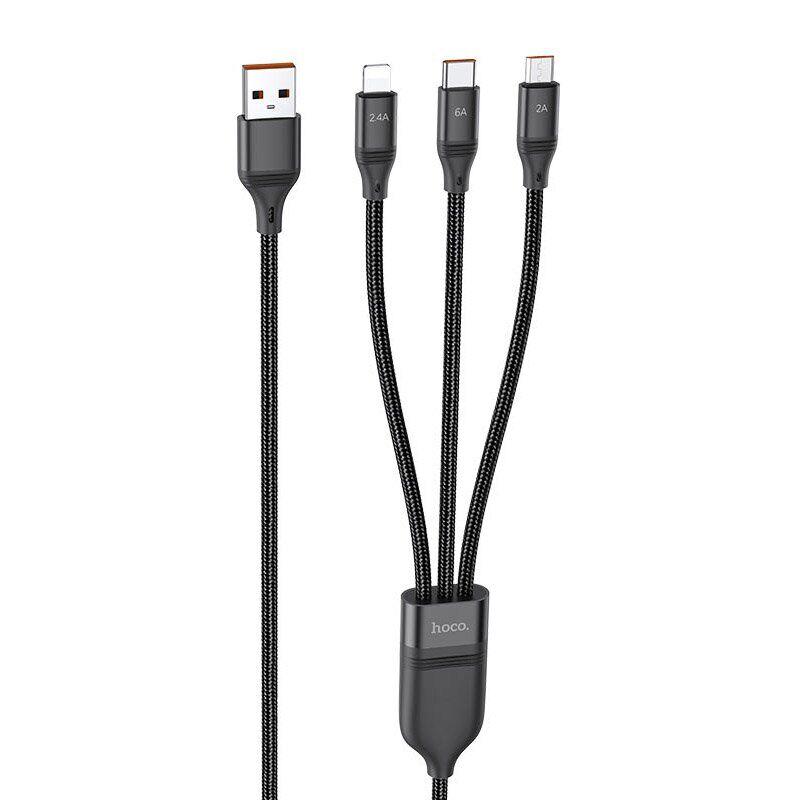 Кабель Hoco U104 Ultra USB to Lightning+MicroUSB+Type-C (66W, 1.2m) - Black - фото 1 - id-p1727909341