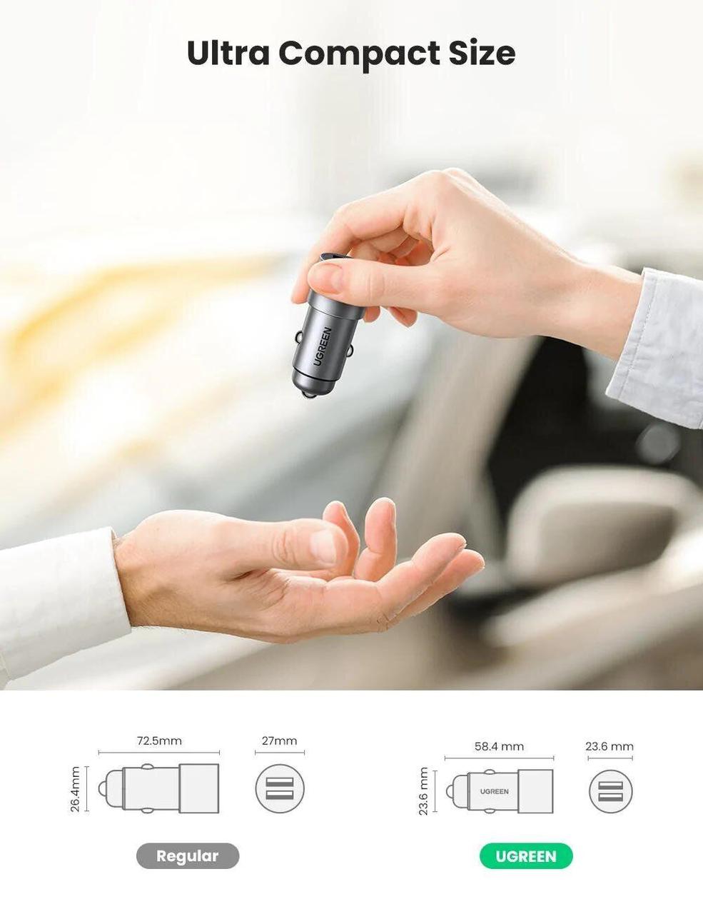 Автомобильное зарядное устройство UGREEN CD130 Dual USB Car Charger (24W, 2.4A) - Gray - фото 3 - id-p1727917419