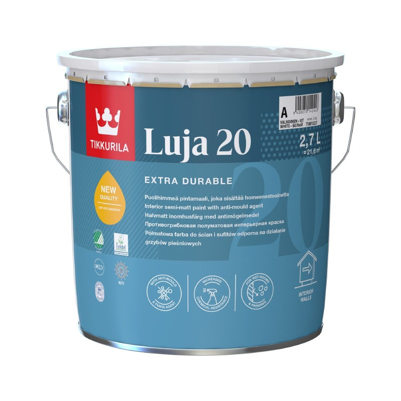 Tikkurila Luja 20 - протигрибкова напівматова інтер'єрна фарба (База А), 0,9 л