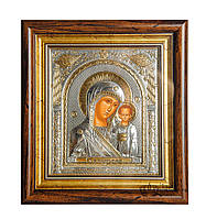 Серебряная Икона Казанская Божья Матерь 25,7х23,3см в прямоугольном киоте под стеклом