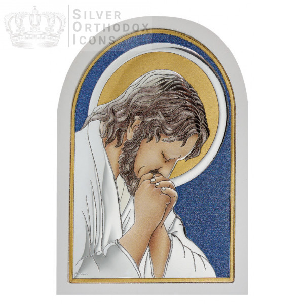 Ікона "Ісус, що молиться" у срібному окладі, вкритому емаллю (синій фон) 75Х95 мм