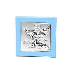 Срібна ікона Ангел Хранитель з немовлям 11х11см у синьому дереві у подарунок для хлопчика