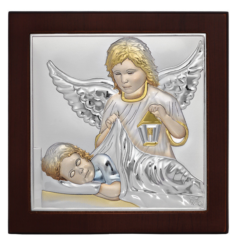 Икона Ангела Хранителя 14х14см в серебре покрытом разноцветной эмалью в деревяной рамке - фото 1 - id-p1135712892