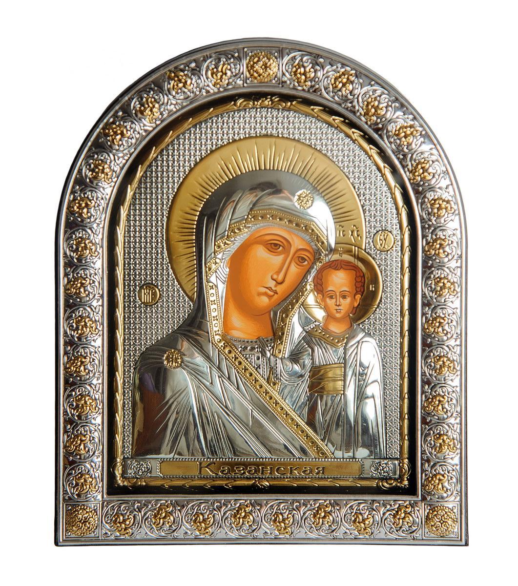 Казанська 21х26 см Срібна Ікона Божої Матері під склом обгорнута в темну шкіру (Греція)