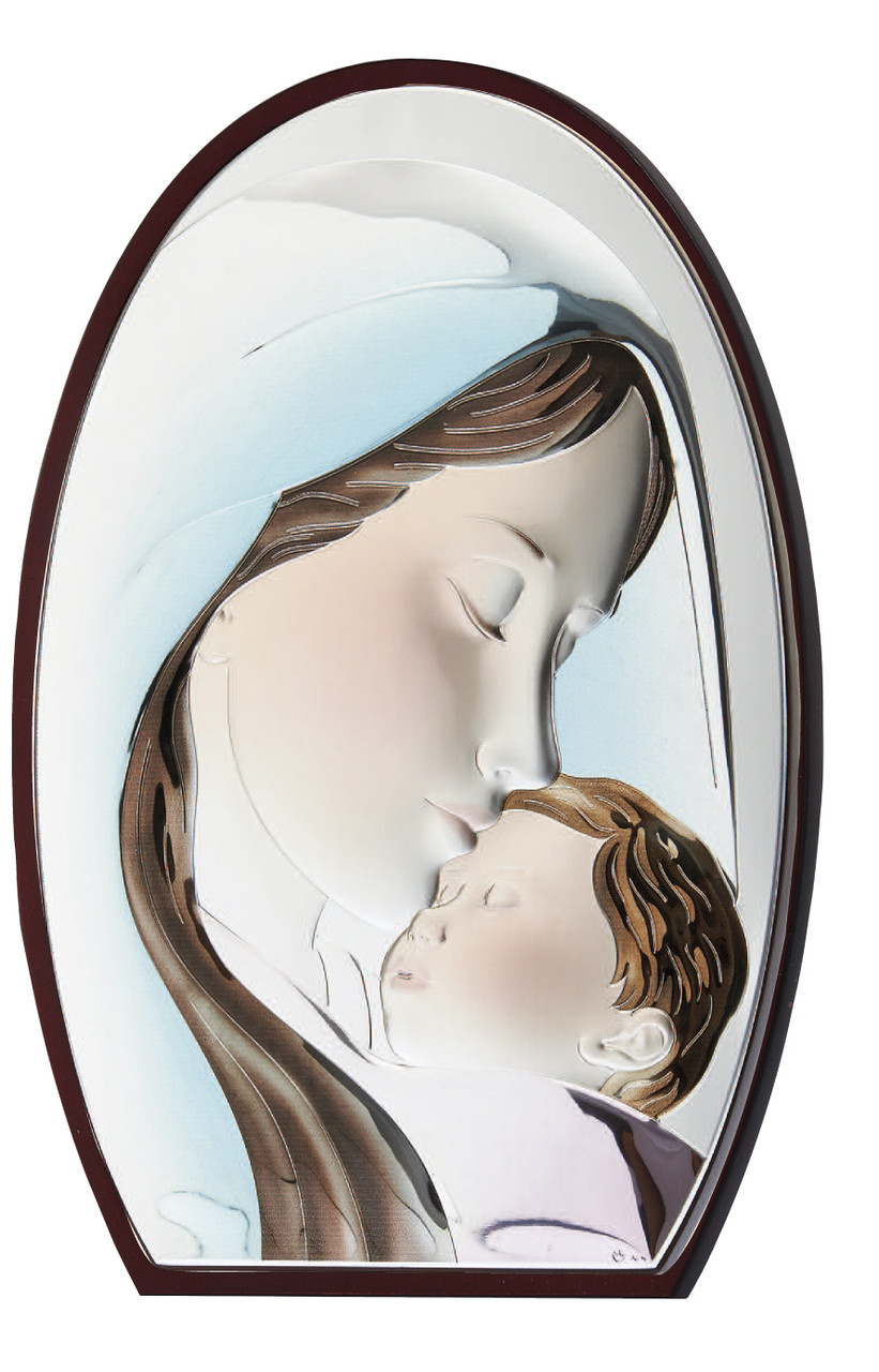 Срібна ікона "Марія з немовлям"  25х33см у католицькому стилі, вкрита емаллю