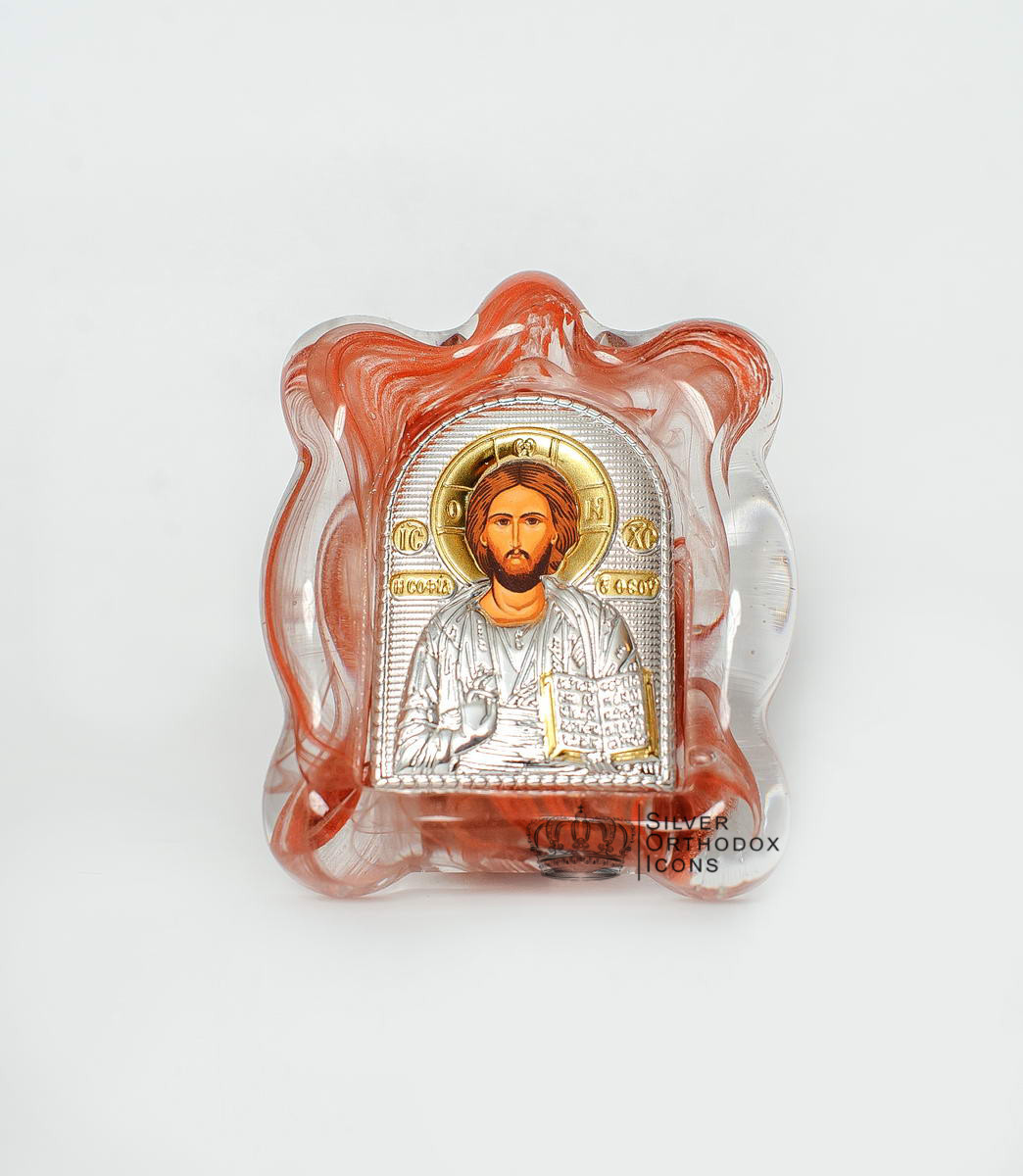 Ікона срібна Спаситель Ісус у червоному муранському склі 7х9см
