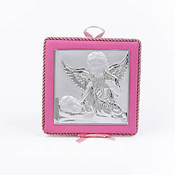 Срібна дитяча іконка Ангел Хранитель 14х14см на рожевій подушечці з музикою