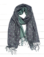 Кашемировый шарф палантин Ромашки 180*60 см графит/зеленый