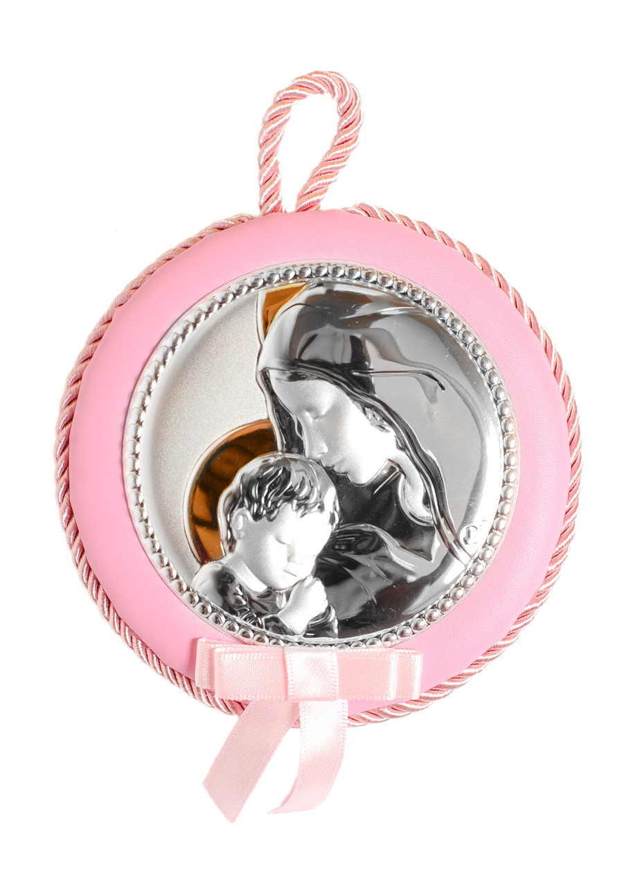 Дитяча срібна іконка Марії з Дитиною d10,5см на рожевій подушечці з музикою