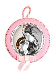 Дитяча срібна іконка Марії з Дитиною d10,5см на рожевій подушечці з музикою