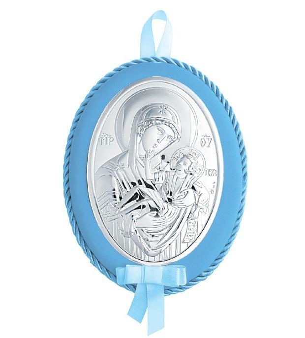 Дитяча Іконка на синій подушечці Божа Матір Розрада та Втіха 12x15,5см у сріблі з музикою