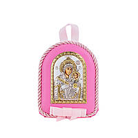 Детская Иконка на розовой подушечке Вифлеемская Божья Матерь 7х9см в серебре