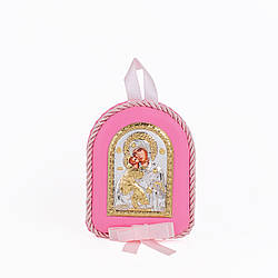 Срібна дитяча іконка Володимирська Божа Матір 8х10см на рожевій подушечці для дівчинки