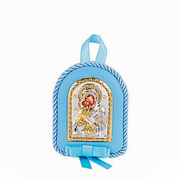 Срібна дитяча іконка Володимирська Божа Матір 8х10см на синій подушечці