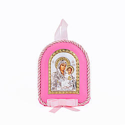 Срібна дитяча іконка Єрусалимська Божа Матір 8х10см на рожевій подушечці для дівчинки