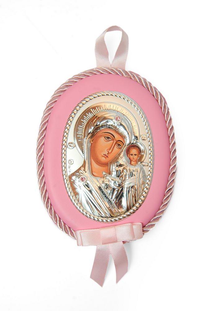 Срібна дитяча іконка Казанська Божа Матір 10х12,5см на рожевій подушечці для дівчинки