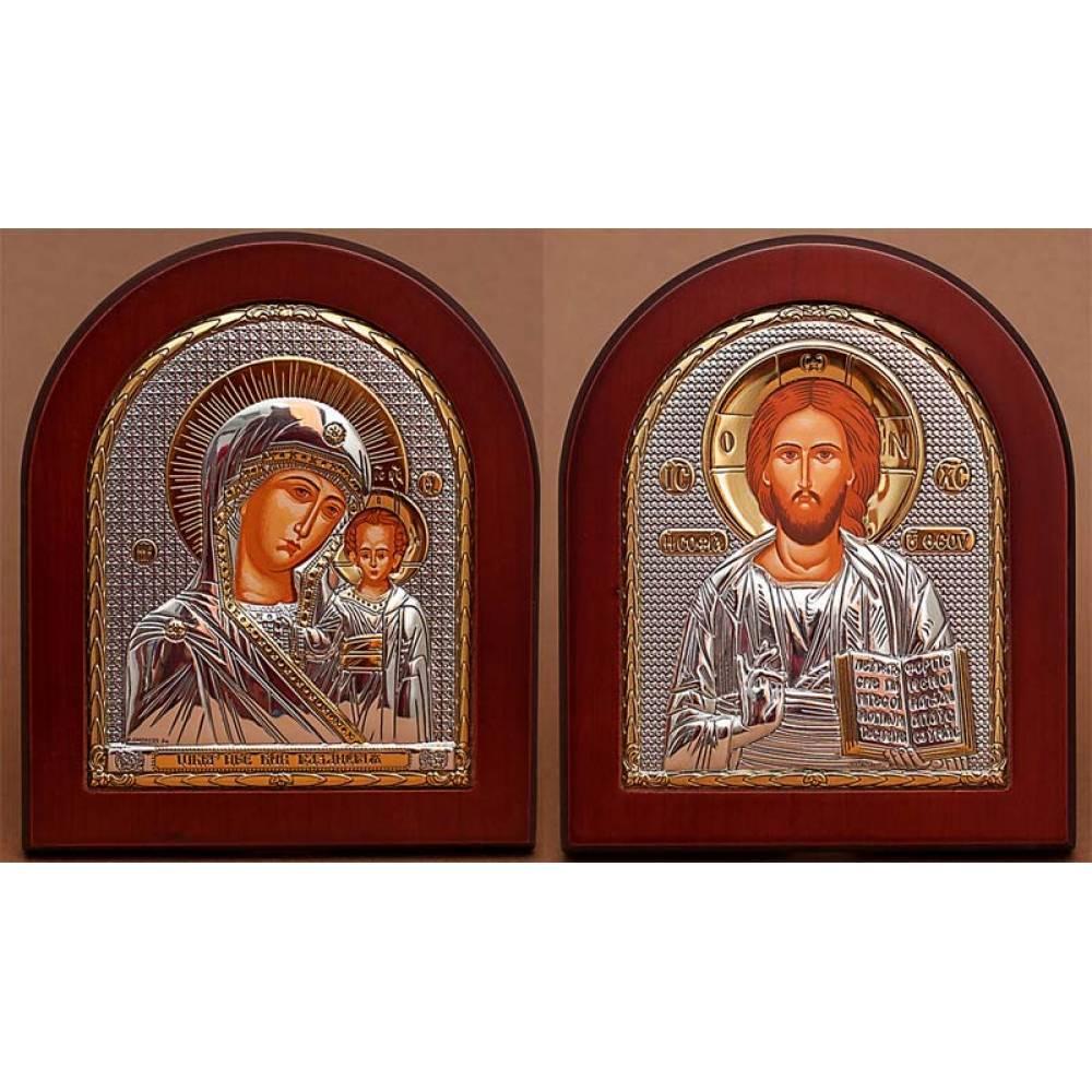 Вінчальна пара ікон Казанська Богородиця та Спаситель Ісус 20х25 см у сріблі 925 проби