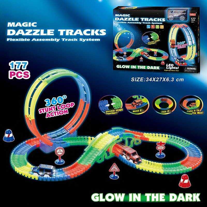 Гнучкий гоночний трек magic tracks 124, 177 деталей, машинка на батарейках, підсвітка, неоновий трек