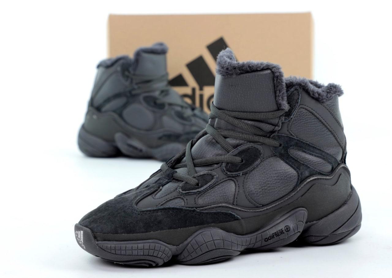 Зимові кросівки чоловічі чорні Adidas Yeezy Boost 500 High Black Winter Fur (09684), фото 1