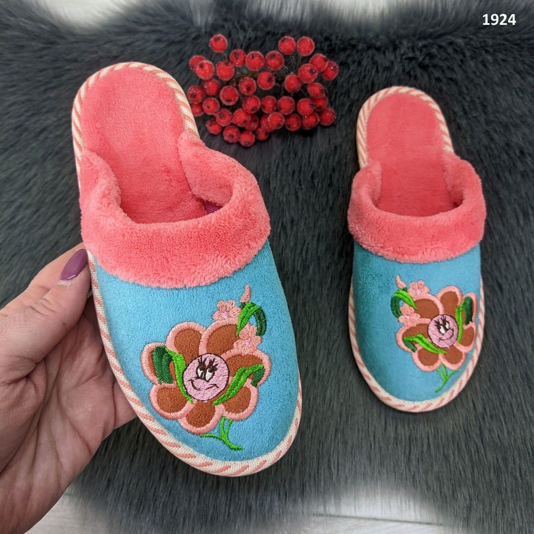 Тапочки дитячі для дівчинки теплі Белста бірюзові з квіткою, фото 1