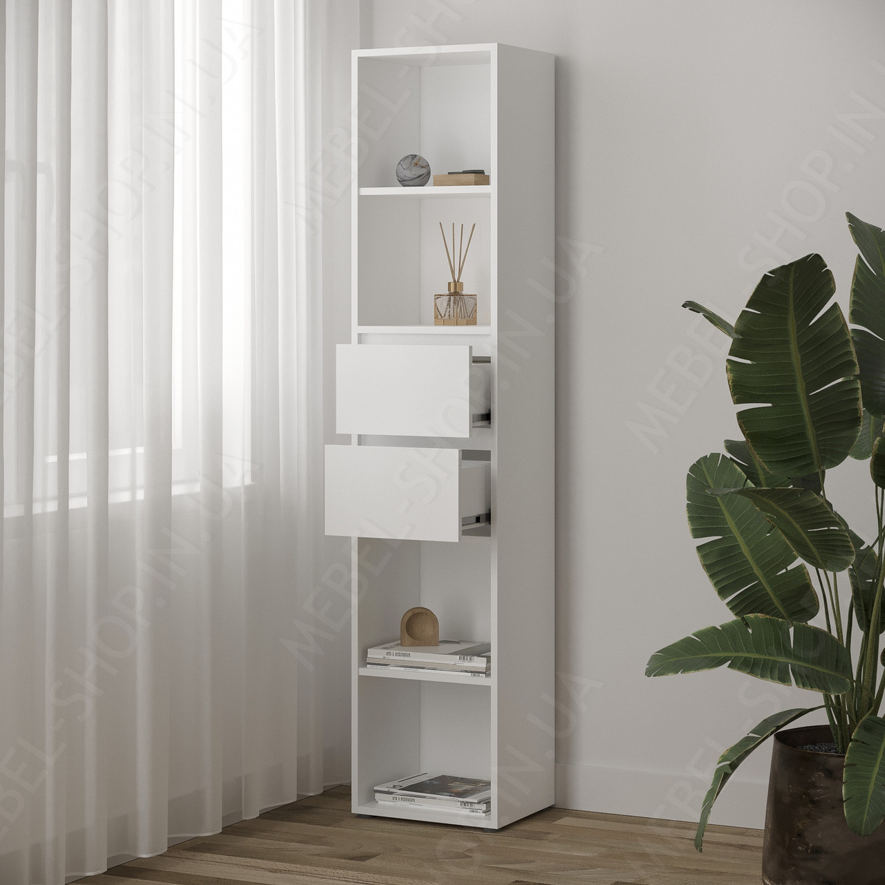 Книжковий стелаж з полицями та висувними ящиками з Ламінованого ДСП Вертикальна полиця для книг із шухлядами, фото 1