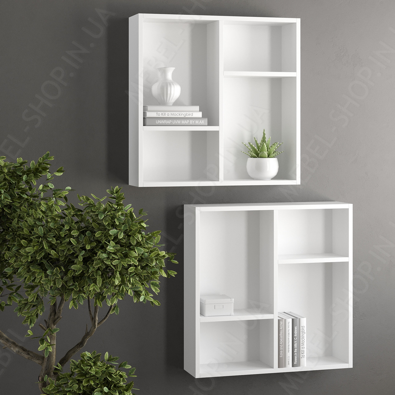 Набір навісних полиць для книг з ДСП в інтер'єрі Настінні полиці 60 см шириною на 4 осередки 2 шт в комплекті, фото 1